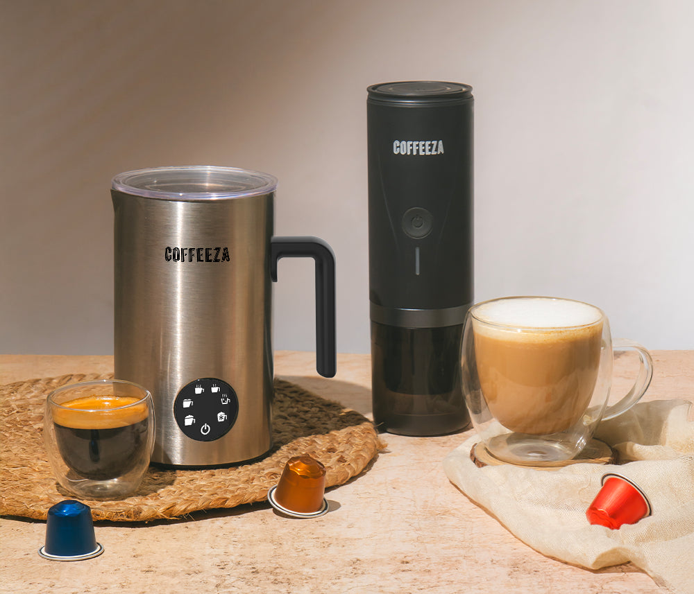 Finero Mini Portable Espresso Machine + Frothimo Pro Milk Frother & Heater + 10 FREE Coffee Pods+ 1 Year Membership Benefits