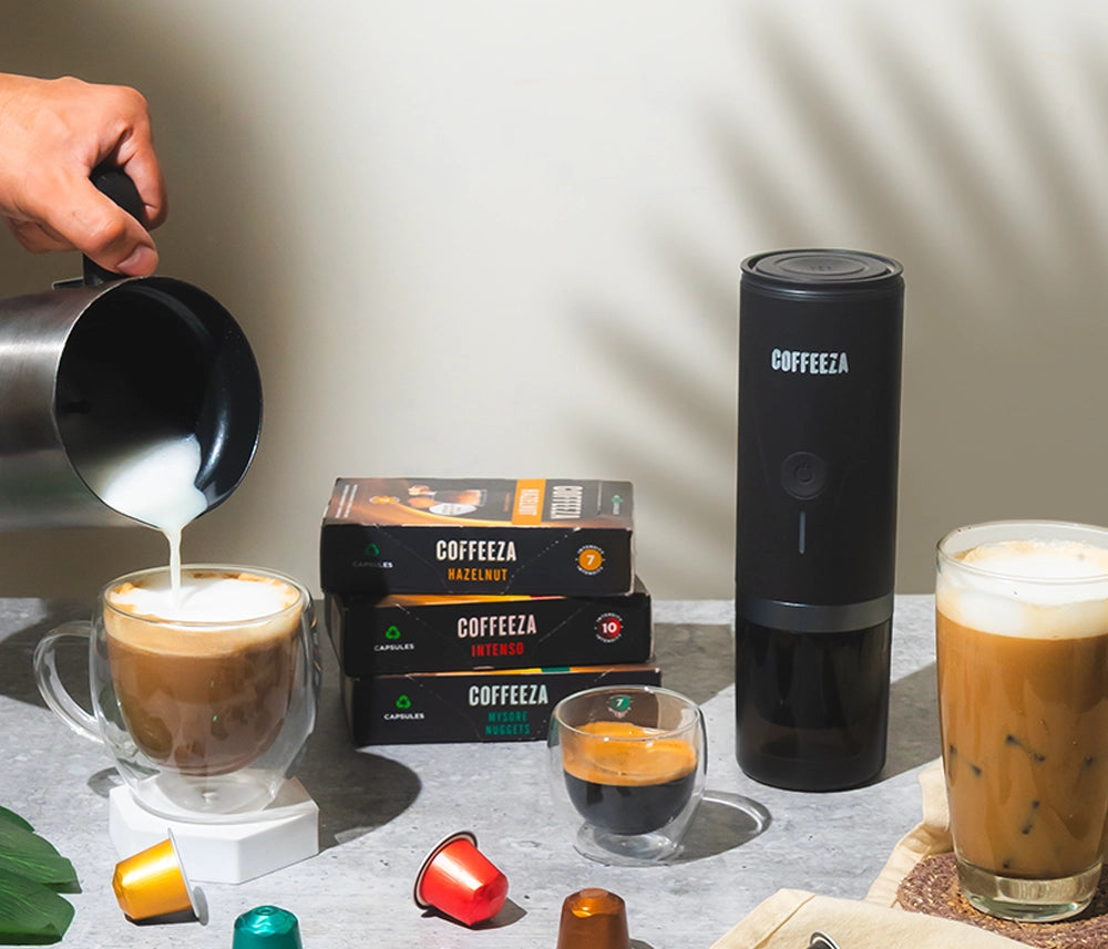 Finero Mini Portable Espresso Machine + Frothimo Pro Milk Frother & Heater + 10 FREE Coffee Pods+ 1 Year Membership Benefits