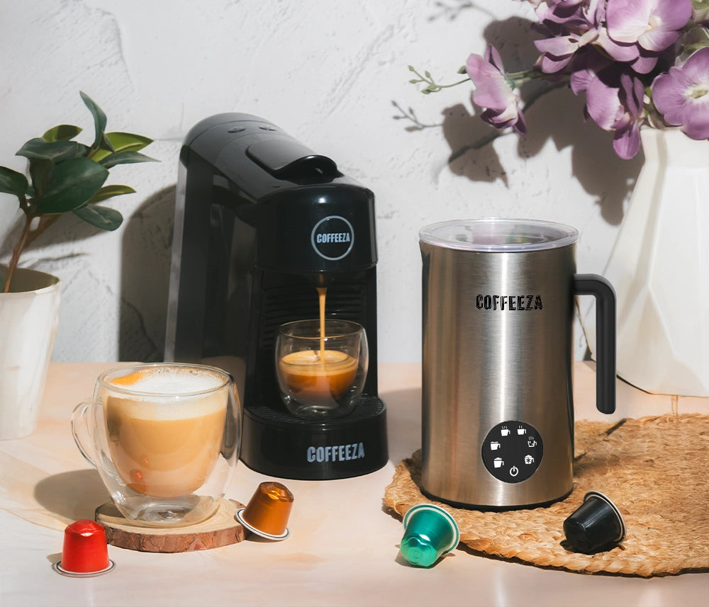 Finero Next Coffee Machine + Frothimo Pro Milk Frother & Heater + 10 FREE Coffee Pods + 1 Year Membership Benefits