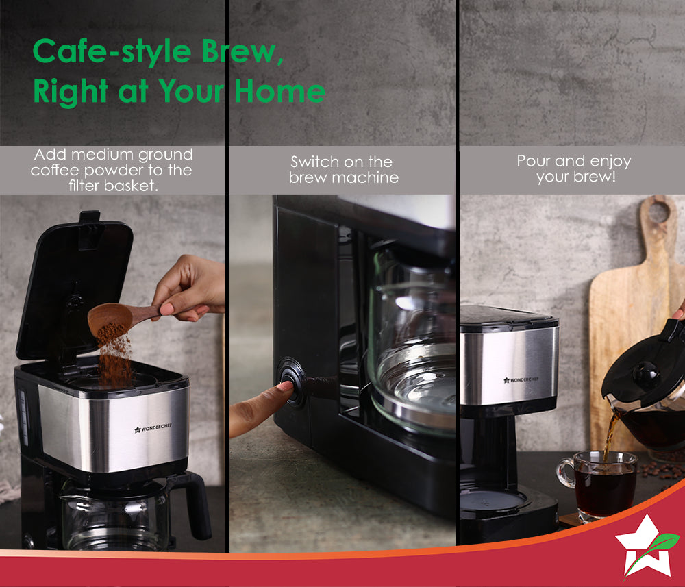 Regalia Pronto Coffee Maker 600W | Coffee Brewer Machine for Home & Office | 750ml Borosilicate Glass Carafe | 3-in-1 Filter Coffee, Espresso, Cappuccino | Auto Shut Off | 6 Cups Coffee | Perfect Gifting Option | Black & Silver| 2 Year Warranty