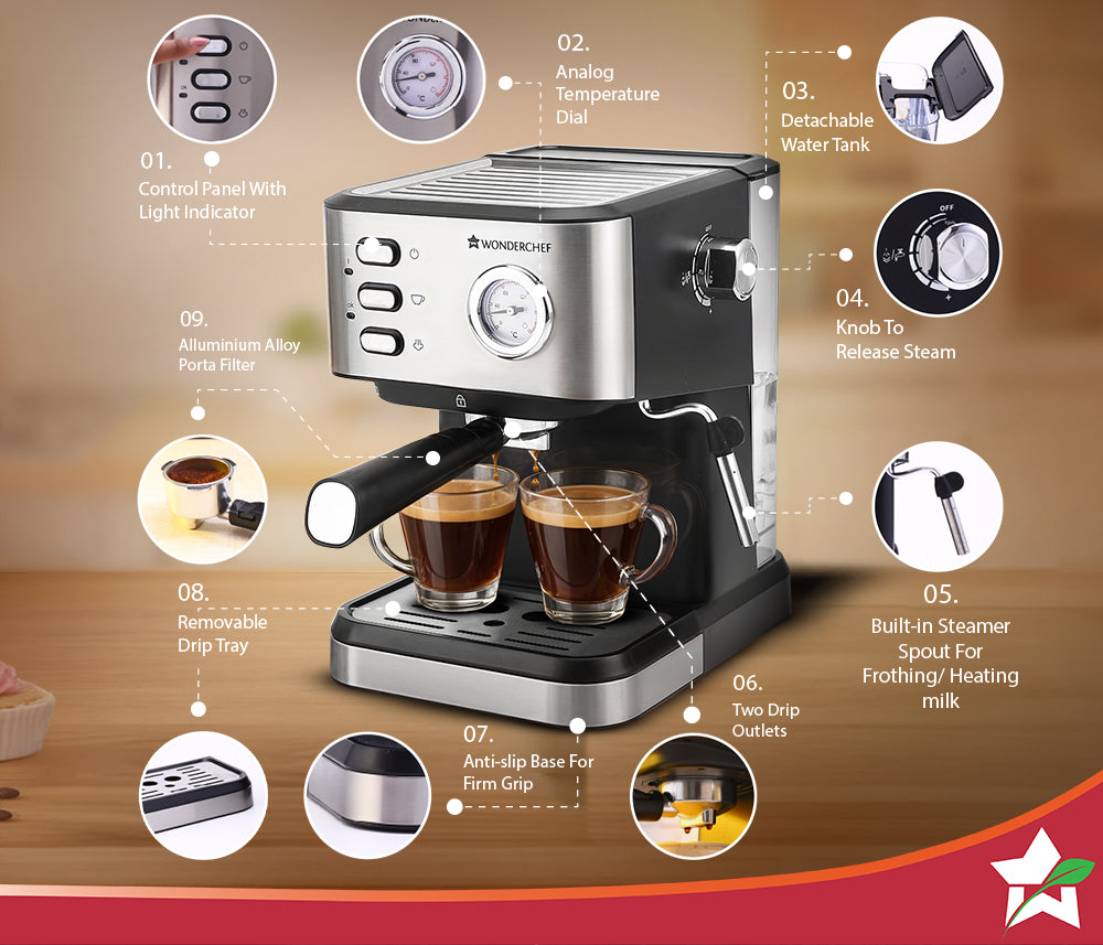Regenta Espresso Coffee Machine, 19-bar, Make Espressos, Cappuccinos & Lattes at Home, With Steamer, Metal Porta Filter, Temperature Dial, 2 Year Warranty