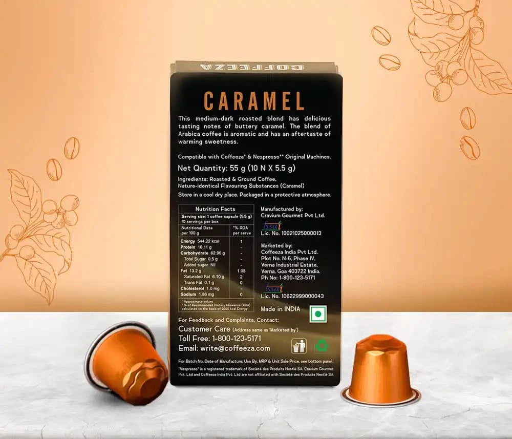 Coffeeza Caramel 100% Arabica Flavoured Aluminium Coffee Capsules nespresso compatible