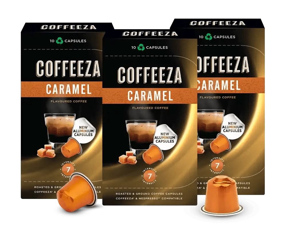 Coffeeza Caramel 100% Arabica Flavoured Aluminium Coffee Capsules nespresso compatible CCS-ALU-CAR1-VER1-02