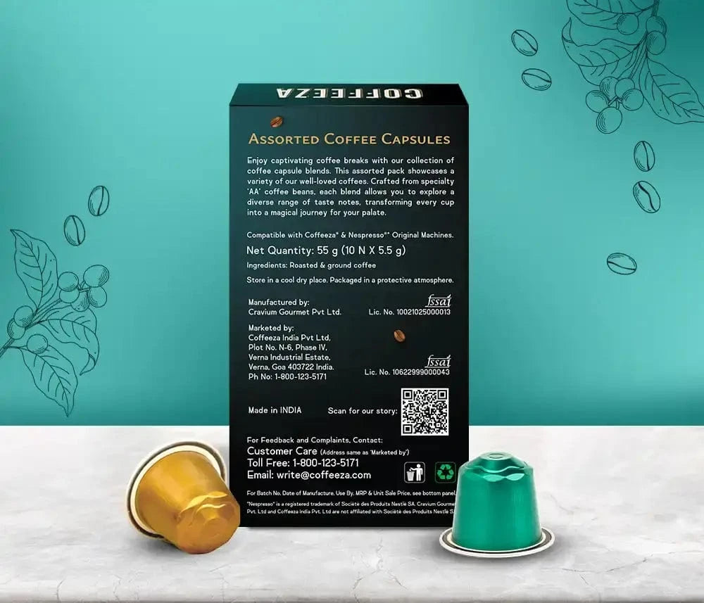 Coffeeza Coffeeza Assorted Box of 10 Coffee Capsules – Classico, Intenso, Cremoso, Forte, and Mysore Nuggets nespresso compatible