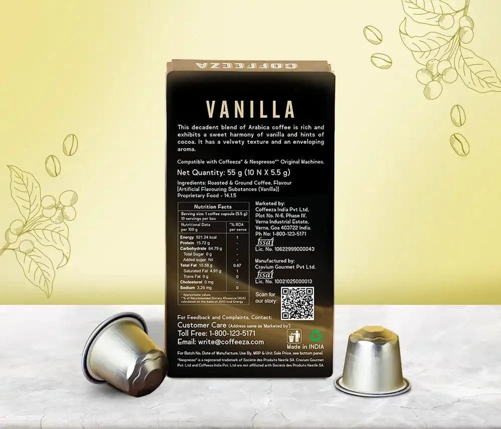 Coffeeza Vanilla 100% Arabica Flavoured Aluminium Coffee Capsules nespresso compatible