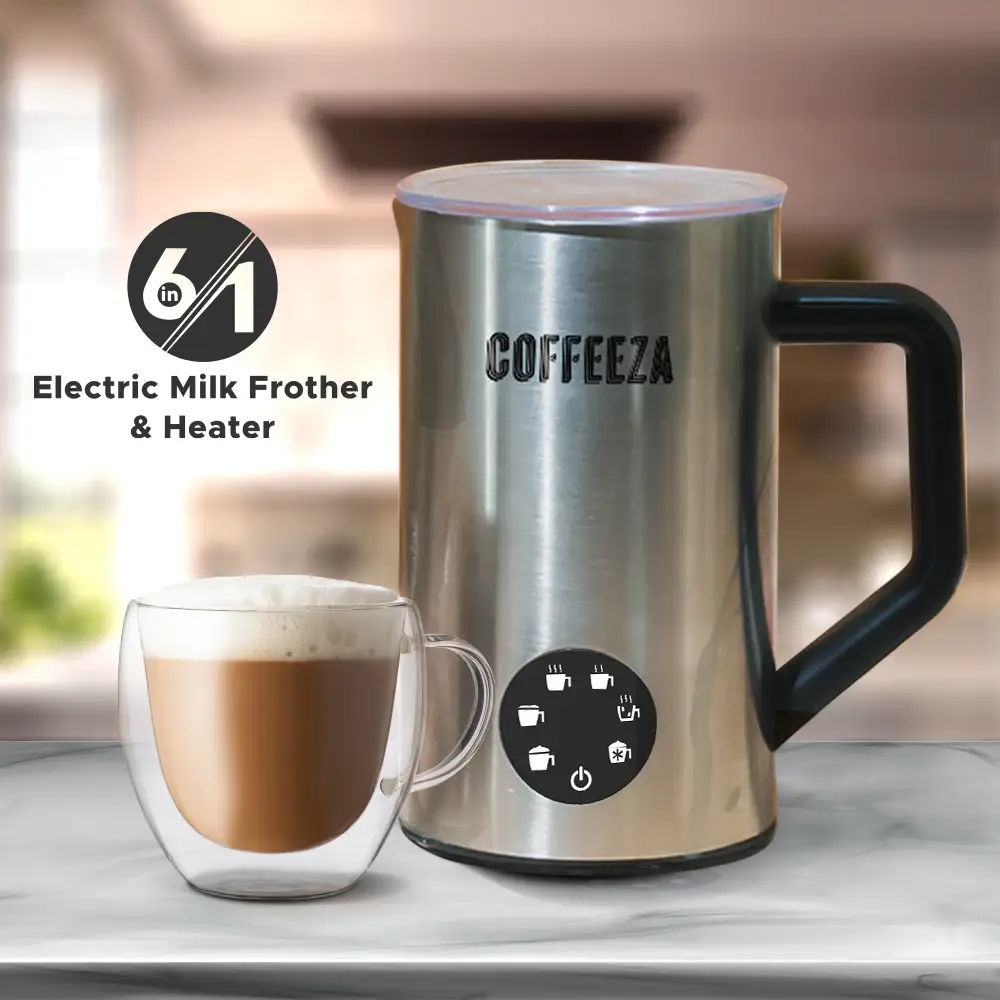 Coffeeza Frothimo Pro, 6-in-1 Electric Milk Frother and Heater| | Stainless Steel Hot & Cold Foam Function for Latte, Cappuccino, Macchiato, Hot Chocolate & More