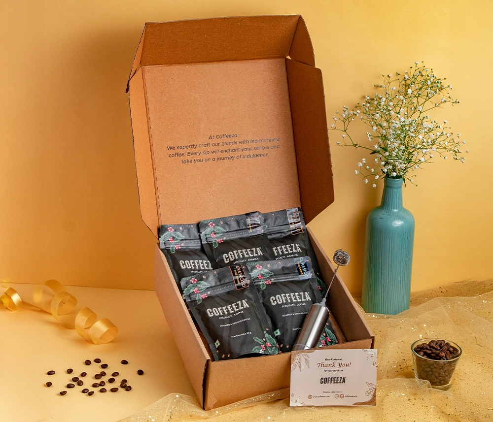 Festive Gift Hamper | Ground Coffee - Pack Of 5 (50gm X 5) & Handheld Milk Frother