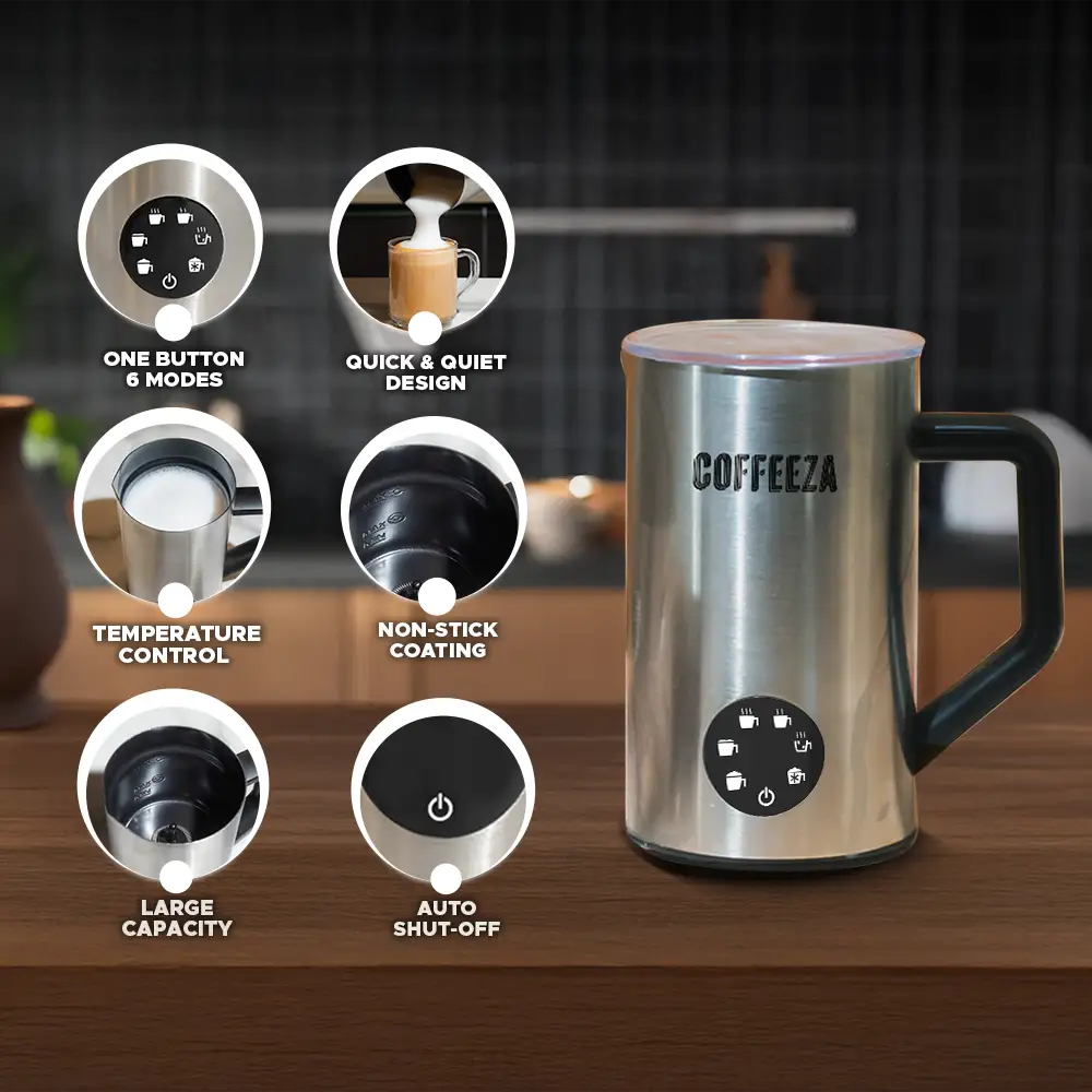 Coffeeza Frothimo Pro, 6-in-1 Electric Milk Frother and Heater| | Stainless Steel Hot & Cold Foam Function for Latte, Cappuccino, Macchiato, Hot Chocolate & More