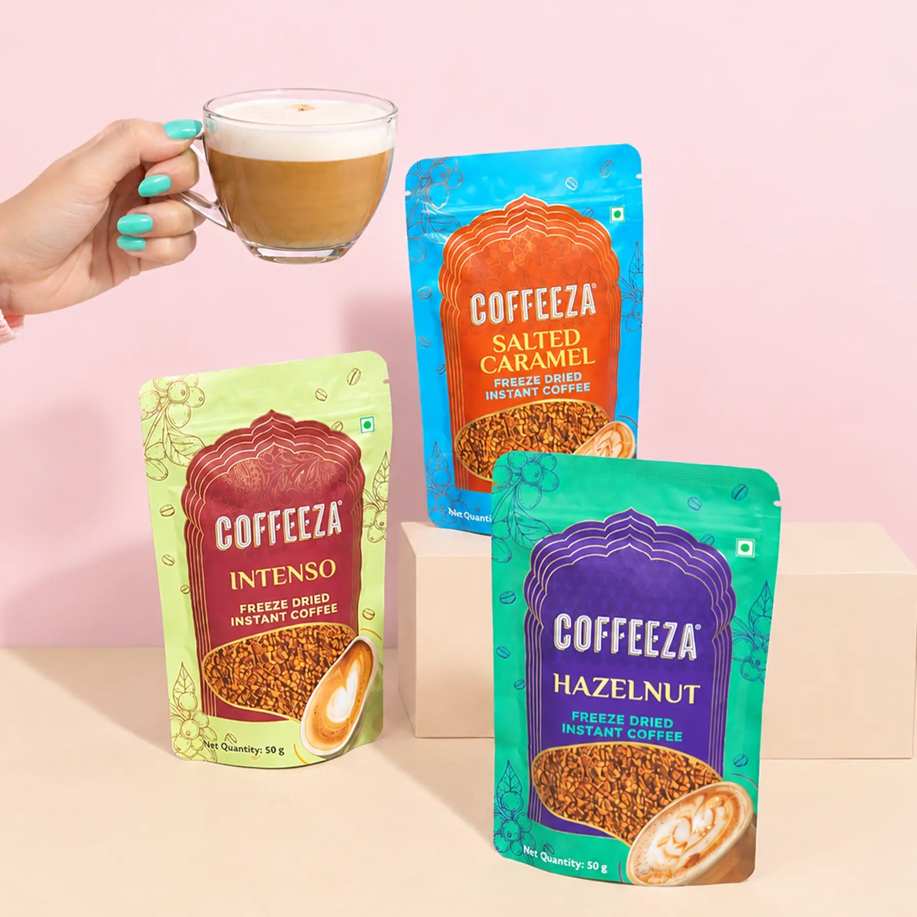 Coffeeza Premium Freeze-Dried Instant Coffee – Pack of 3 | Intenso, Hazelnut & Salted Caramel | 50g Each + Free Coffee Cup