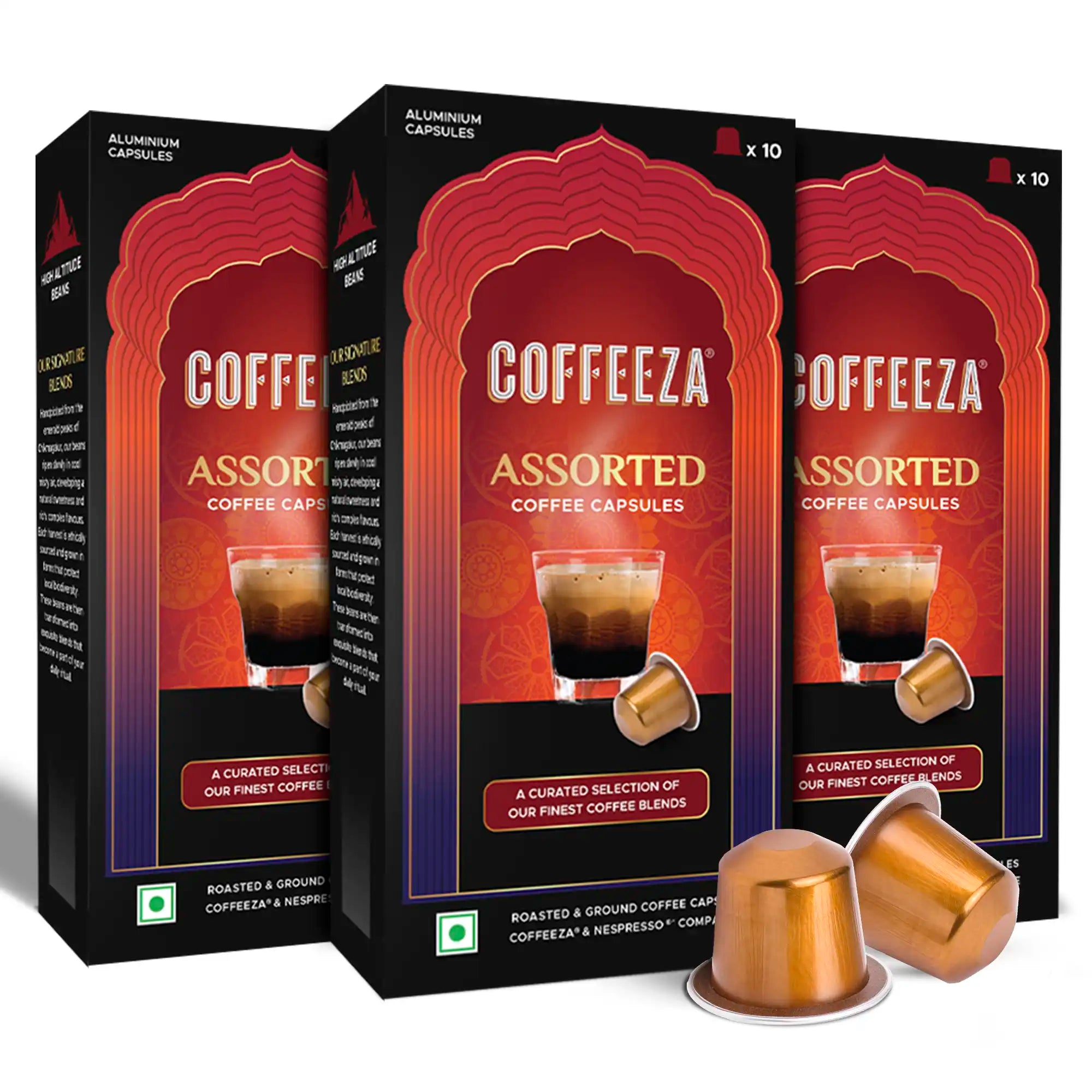 Coffeeza Assorted Box of 10 Coffee Capsules – Classico, Intenso, Cremoso, Forte, and Mysore Nuggets