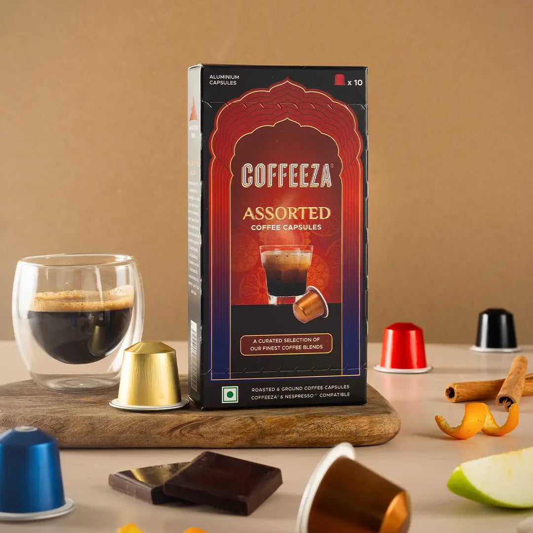 Coffeeza Assorted Box of 10 Coffee Capsules – Classico, Intenso, Cremoso, Forte, and Mysore Nuggets