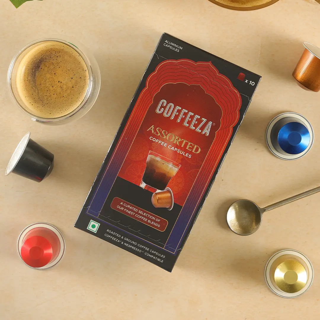 Coffeeza Assorted Box of 10 Coffee Capsules – Classico, Intenso, Cremoso, Forte, and Mysore Nuggets