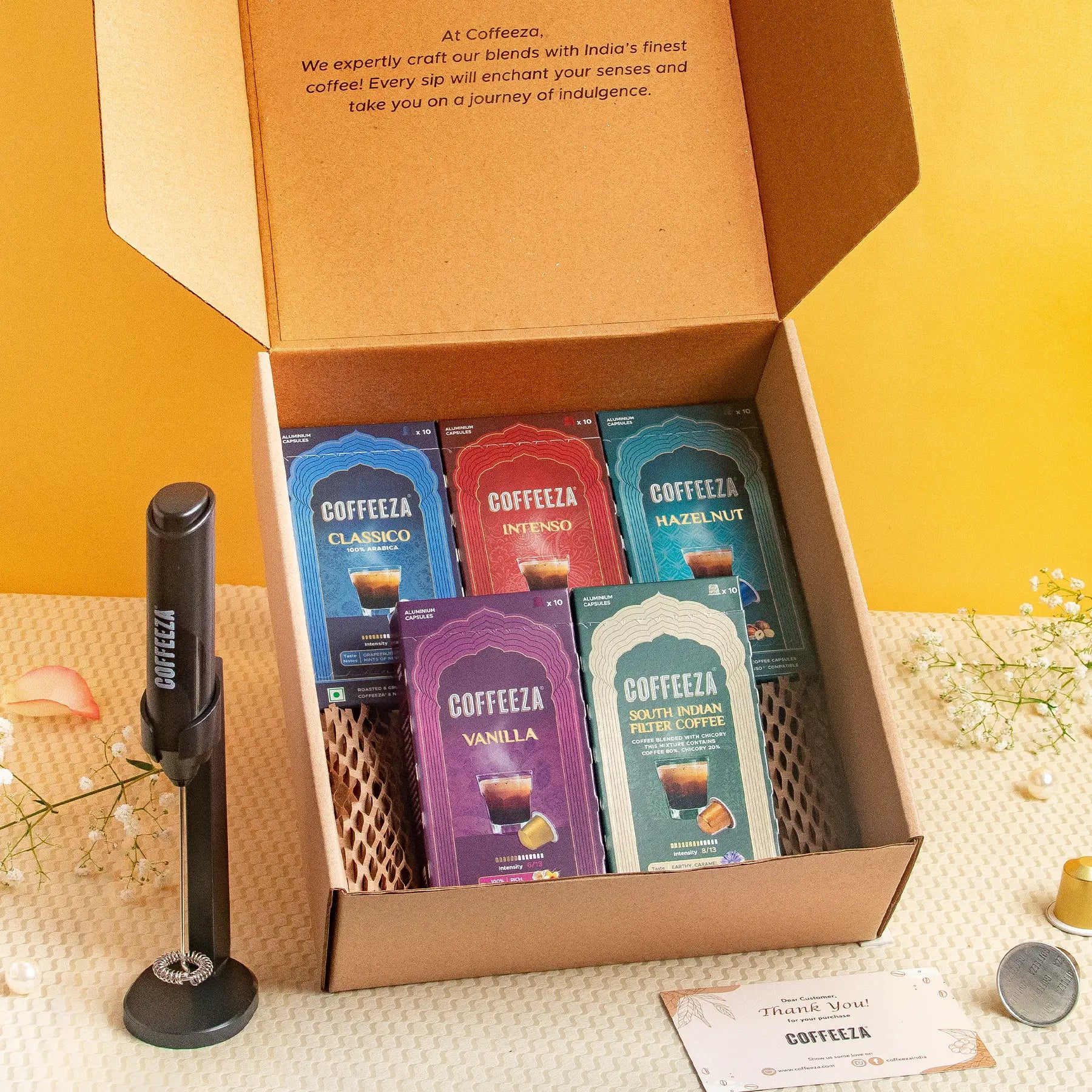 Festive Gift Hamper | Assorted Pack of 50 Coffee Capsules + Battery Operated Handheld Milk Frother with Stand
