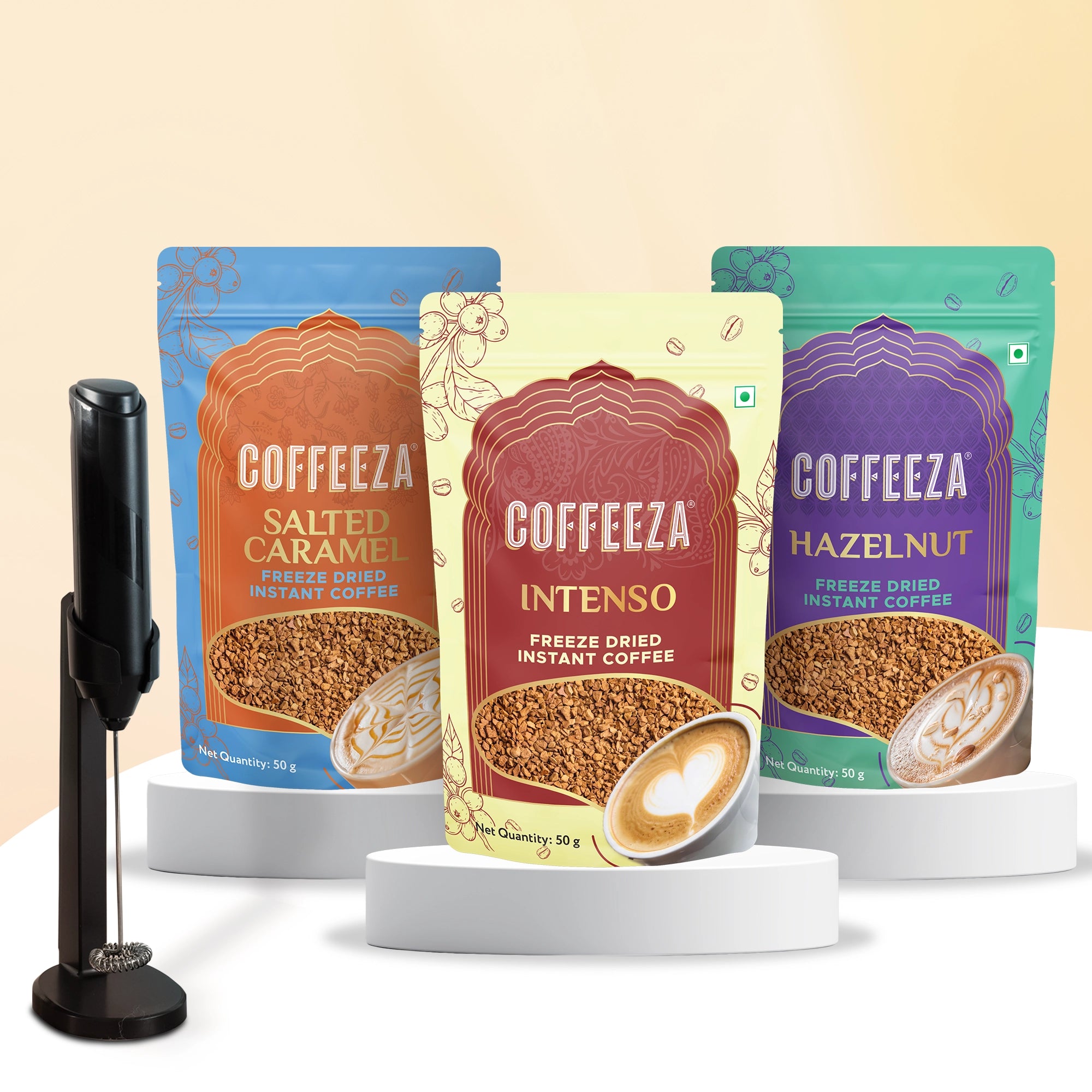 Coffeeza Freeze-Dried Instant Coffee Pack of 3 with Hand Frother | Intenso, Hazelnut & Salted Caramel | 50g Each