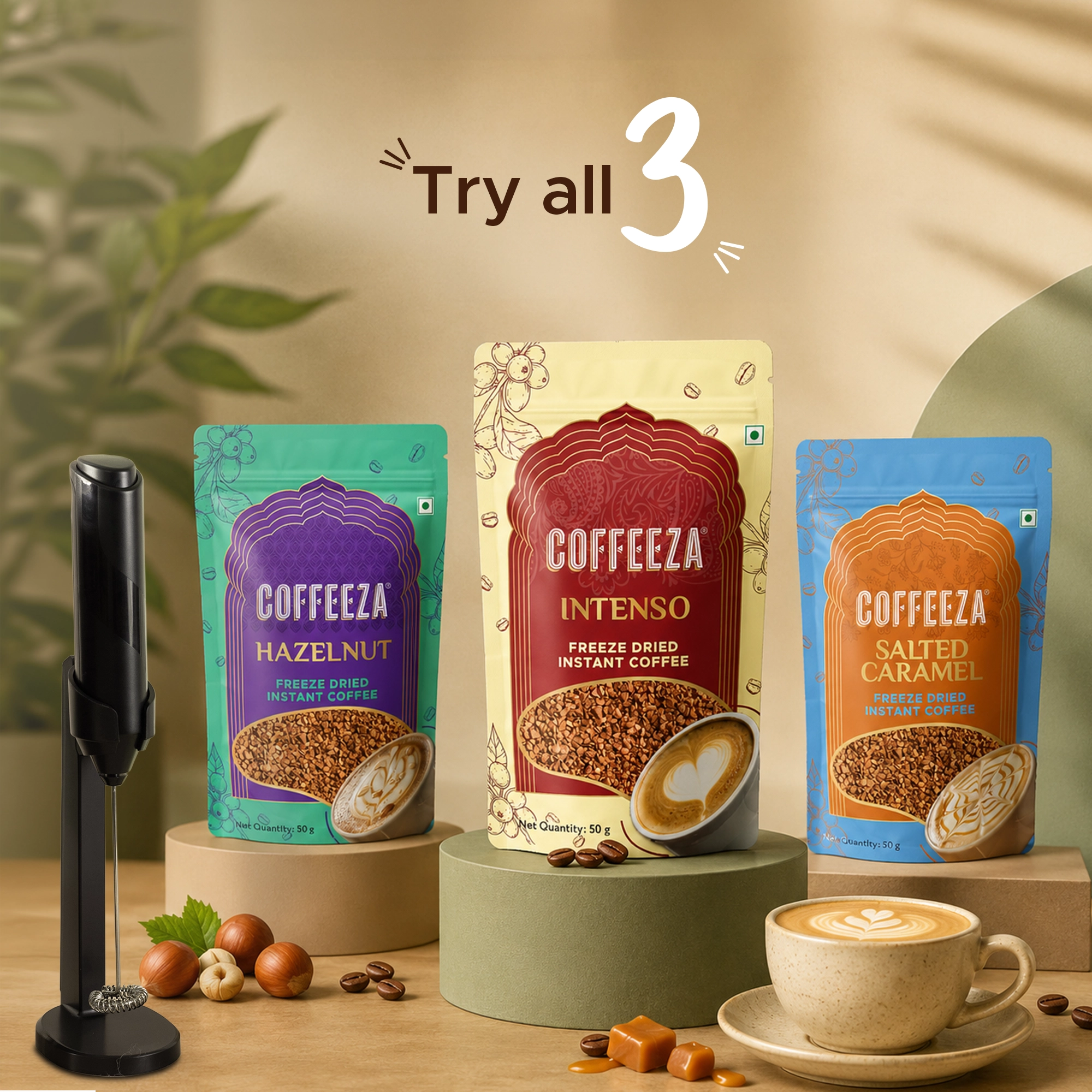 Coffeeza Freeze-Dried Instant Coffee Pack of 3 with Hand Frother | Intenso, Hazelnut & Salted Caramel | 50g Each