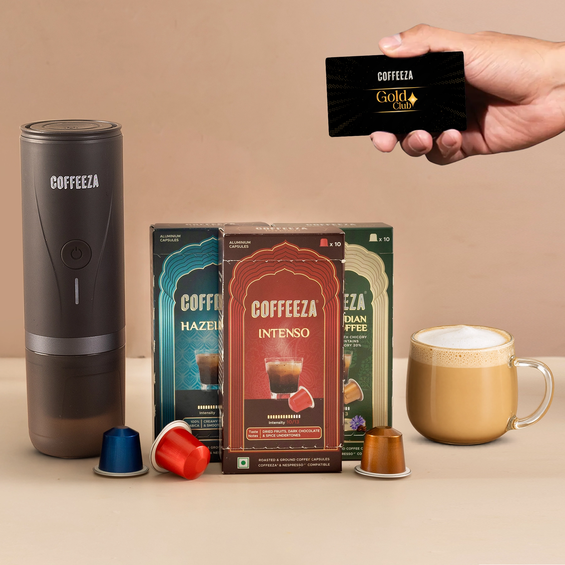 Finero Mini Portable Coffee Machine + 30 FREE Coffee Capsules + 1 Year Membership Benefits