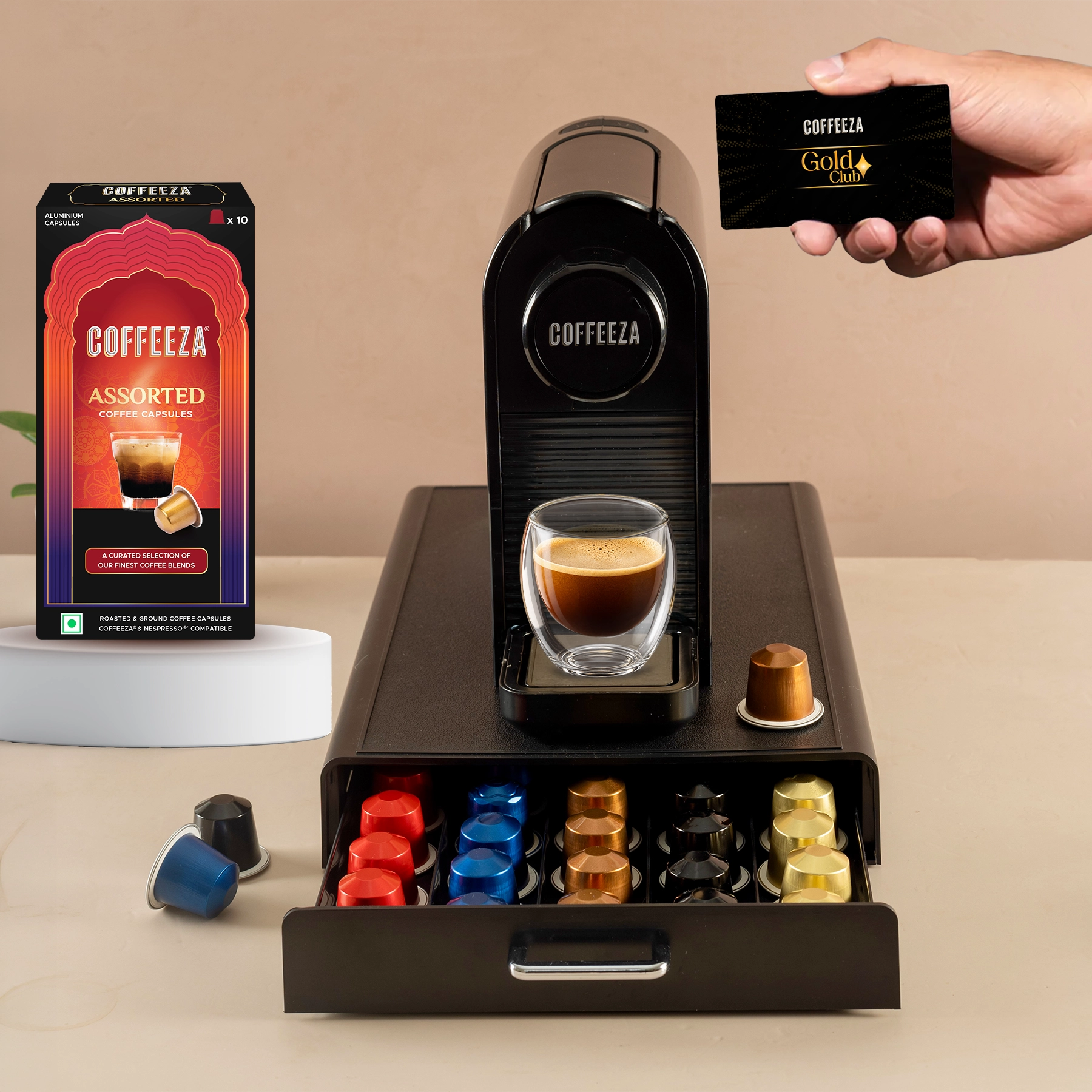 Finero Prime Coffee Machine + Capsule Storage Drawer - Sliding Tray + 10 FREE Coffee Capsules + 1 Year Membership Benefits