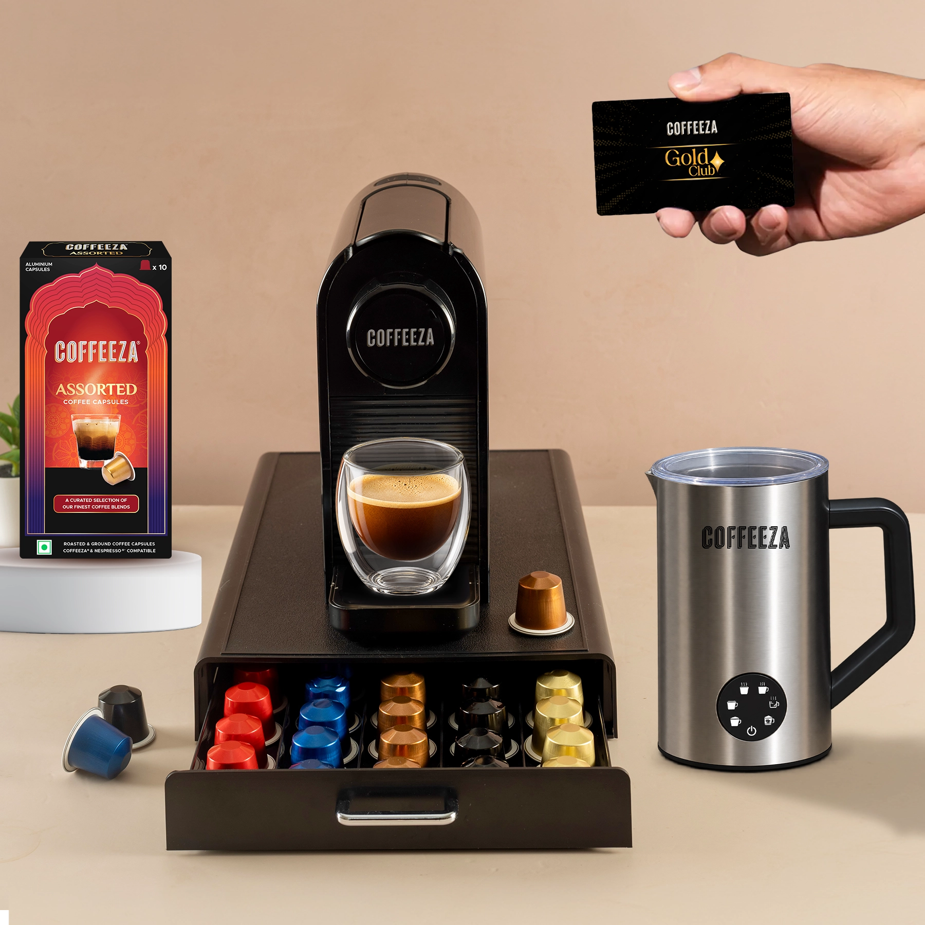 Finero Prime Coffee Machine + Capsule Storage Drawer - Sliding Tray + Frothimo Pro Milk Frother & Heater + 10 FREE Coffee Capsules + 1 Year Membership Benefits