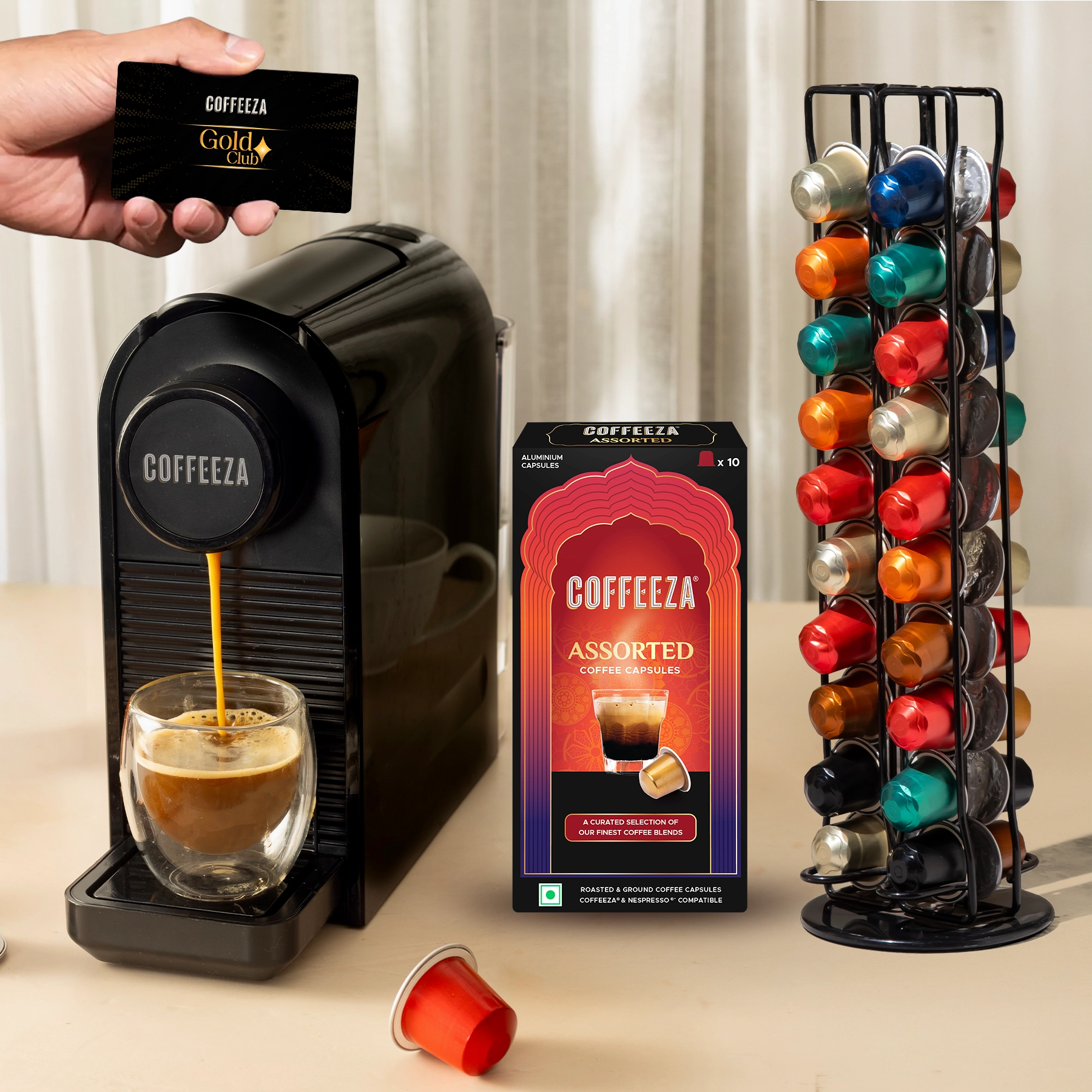 Finero Prime Coffee Machine + Capsule Holder with Rotating Stand + 10 FREE Coffee Capsules + 1 Year Membership Benefits