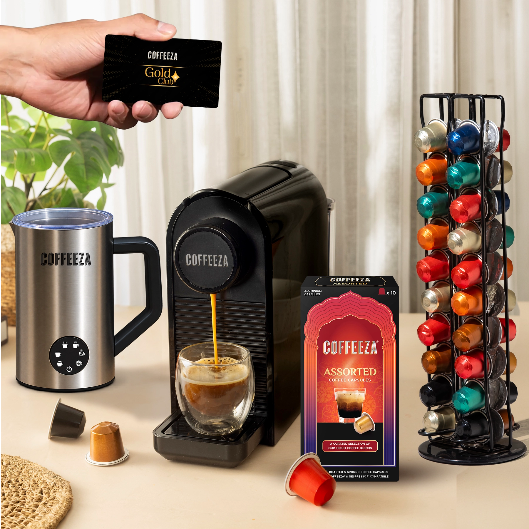 Finero Prime Coffee Machine + Capsule Holder with Rotating Stand + Frothimo Pro Milk Frother & Heater + 10 FREE Coffee Capsules + 1 Year Membership Benefits