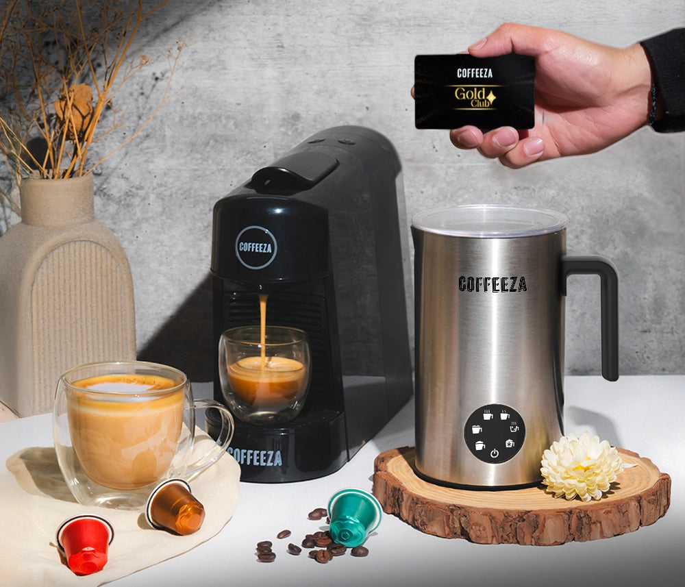 Finero Next Coffee Machine + Frothimo Pro Milk Frother & Heater + 10 FREE Coffee Pods + 1 Year Membership Benefits