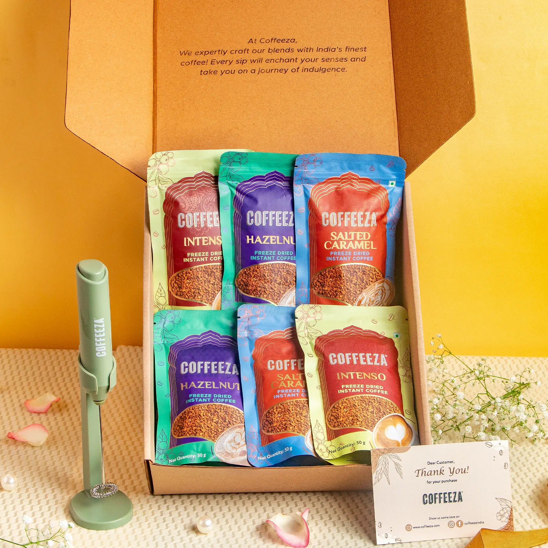 Festive Gift Hamper | Premium Freeze-Dried Instant Coffee – Pack of 6 | Intenso, Hazelnut & Salted Caramel | 50g Each + Battery Operated Handheld Milk Frother with Stand