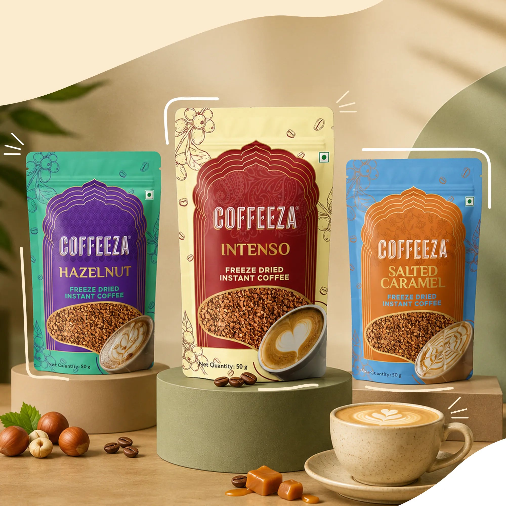 Coffeeza Premium Freeze-Dried Instant Coffee – Pack of 3 | Intenso, Hazelnut & Salted Caramel | 50g Each