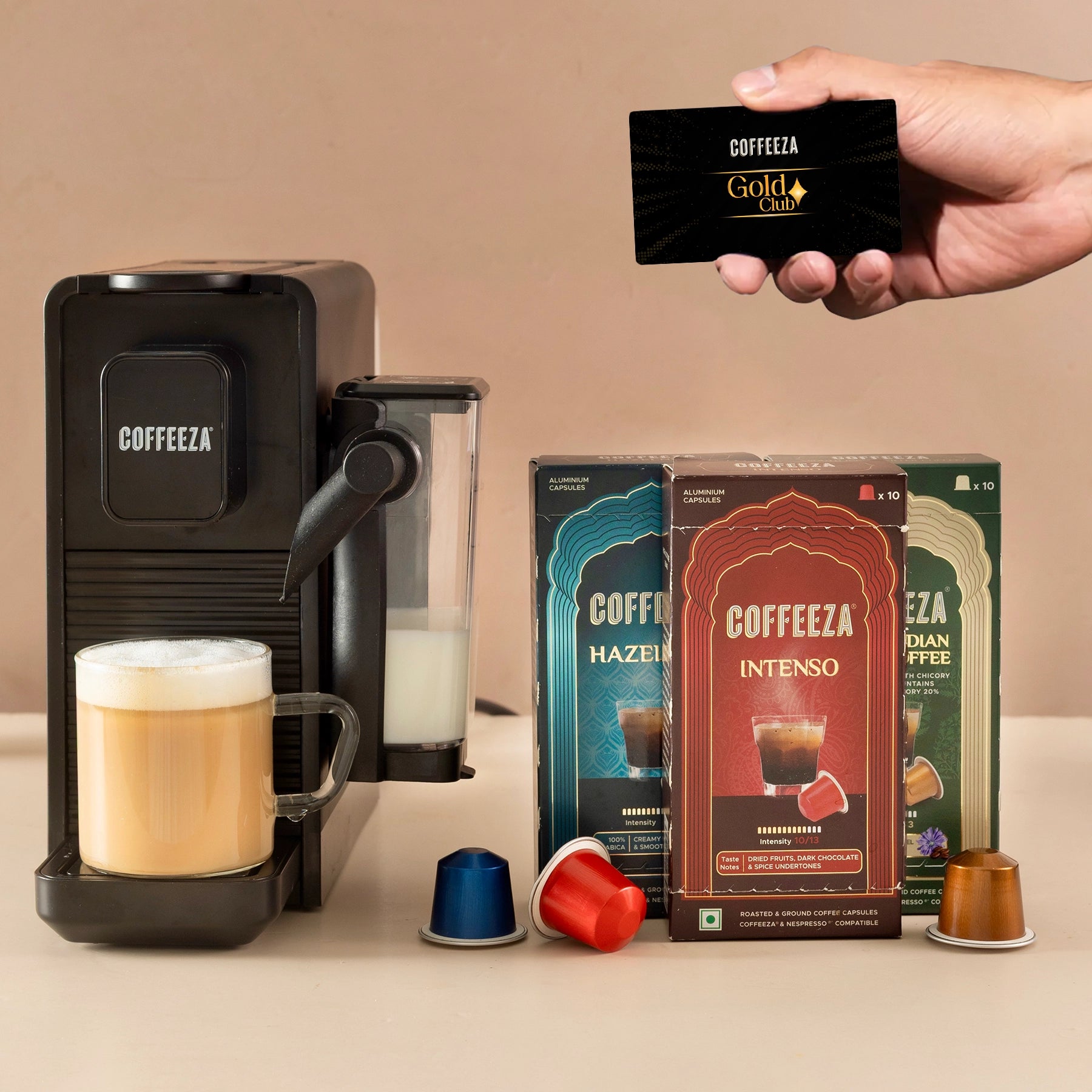 Coffeeza Lattisso Z Pod Coffee Machine I Cappuccino I Espresso Maker I 20 Bar Pressure For Cappuccino, Espresso & Lungo + 30 FREE Coffee Capsules + 1 Year Membership Benefits