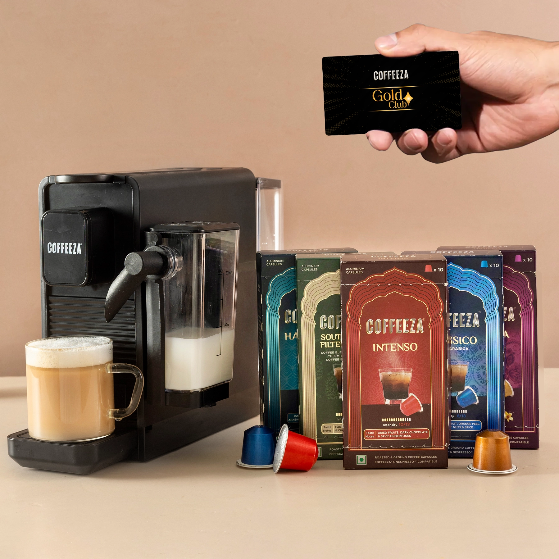Coffeeza Lattisso Z Pod Coffee Machine I Cappuccino I Espresso Maker I 20 Bar Pressure For Cappuccino, Espresso & Lungo + 50 FREE Coffee Capsules + 1 Year Membership Benefits