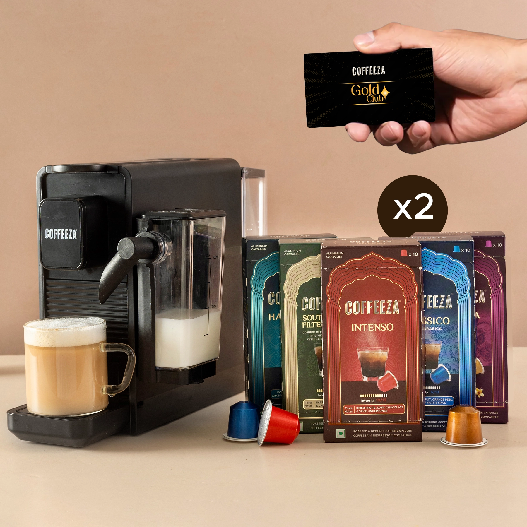 Coffeeza Lattisso Z Pod Coffee Machine I Cappuccino I Espresso Maker I 20 Bar Pressure For Cappuccino, Espresso & Lungo + 100 FREE Coffee Capsules + 1 Year Membership Benefits