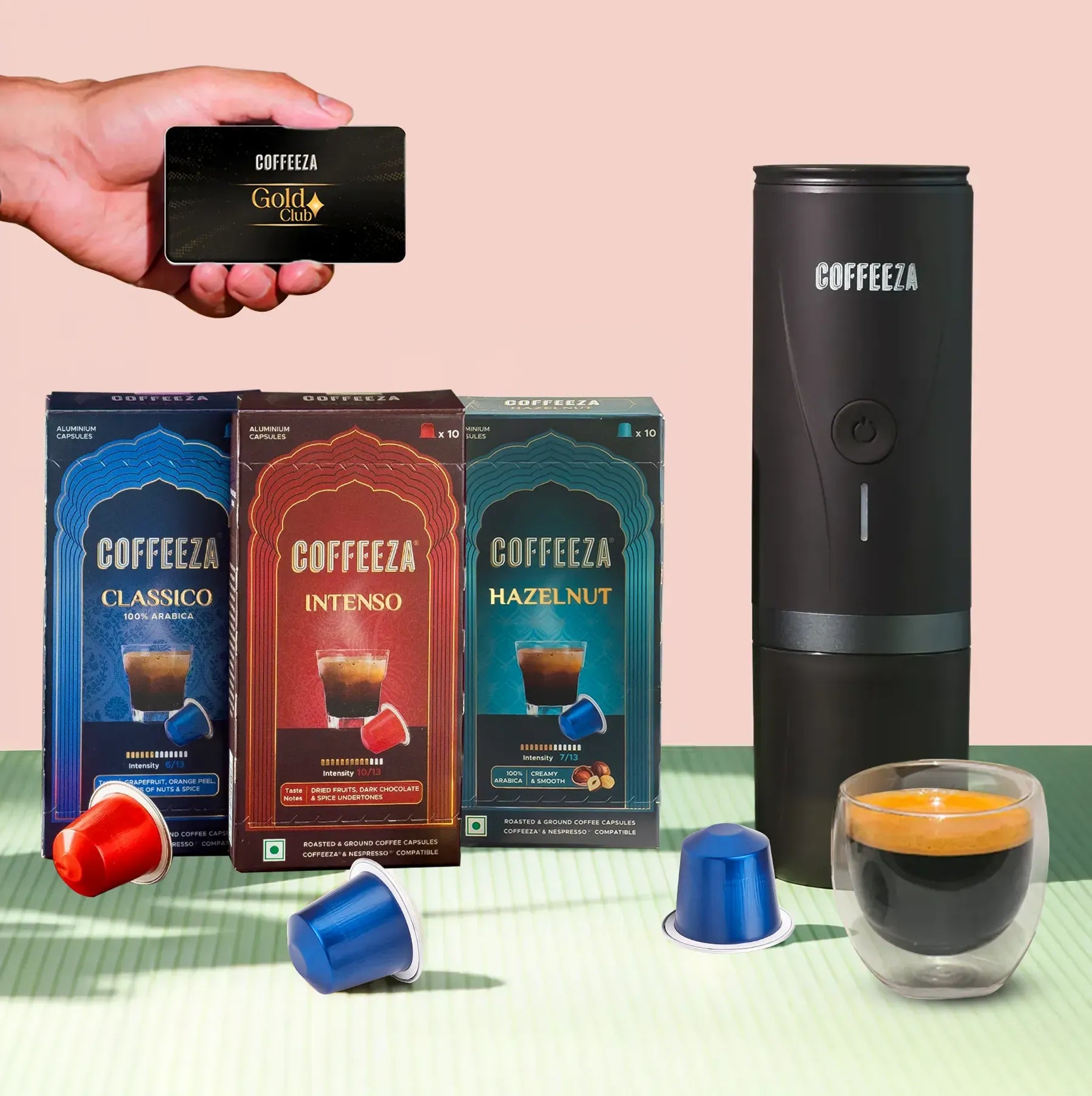 Finero Mini Portable Coffee Machine + 30 FREE Coffee Capsules + 1 Year Membership Benefits