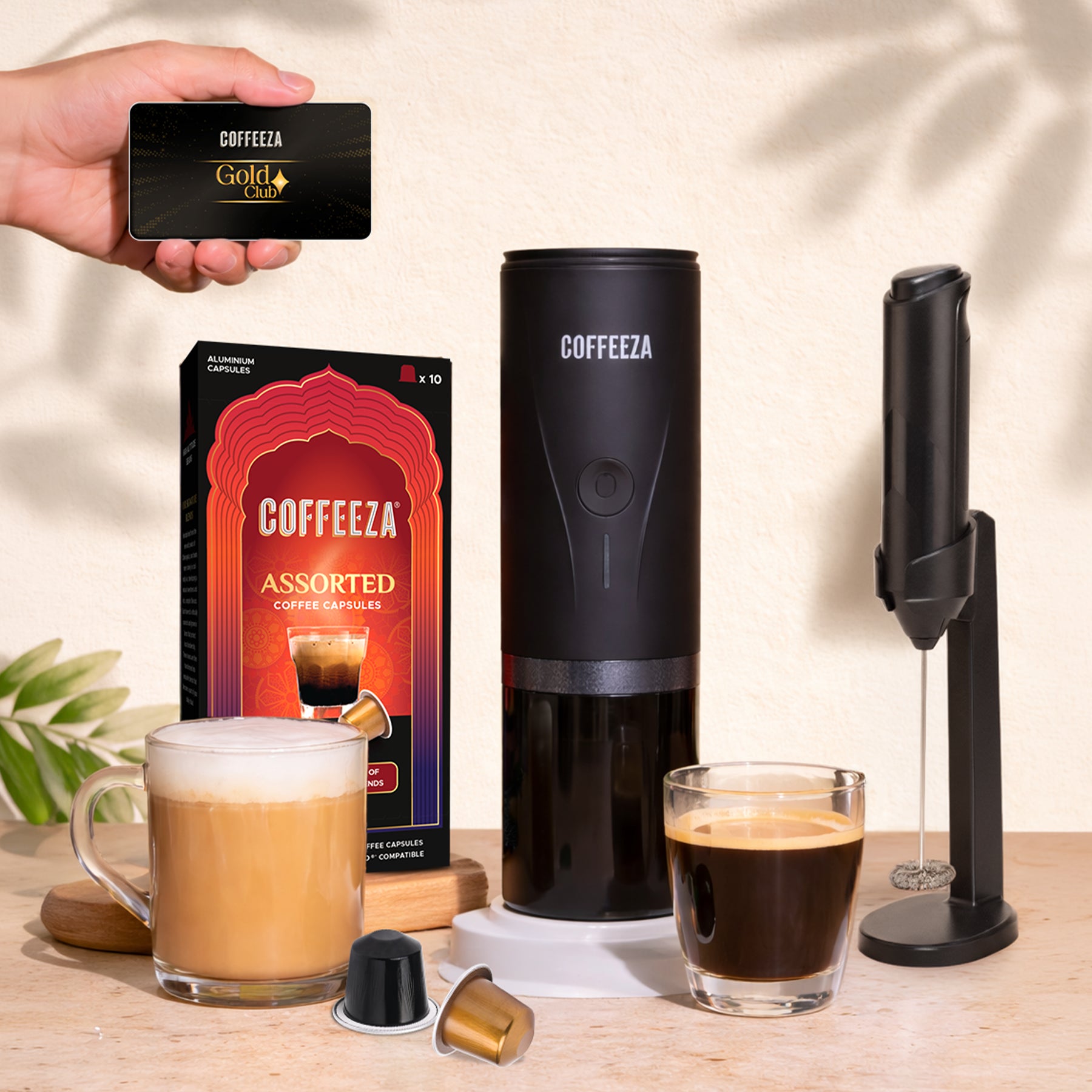 Finero Mini Portable Espresso Machine + Battery Operated Handheld Milk Frother with Stand  + 10 FREE Coffee Pods + 1 Year Membership Benefits