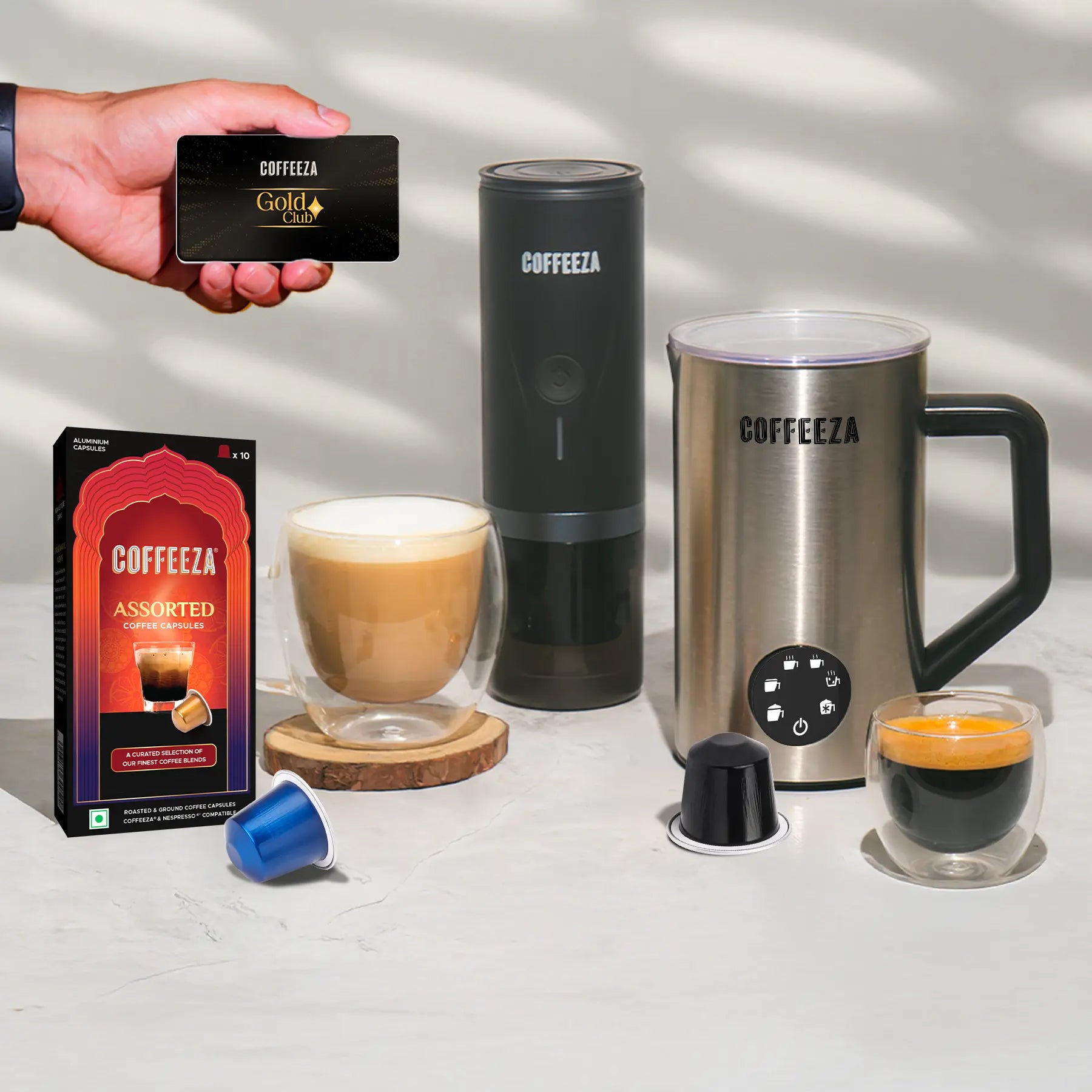 Finero Mini Portable Espresso Machine + Frothimo Pro Milk Frother & Heater + 10 FREE Coffee Pods+ 1 Year Membership Benefits