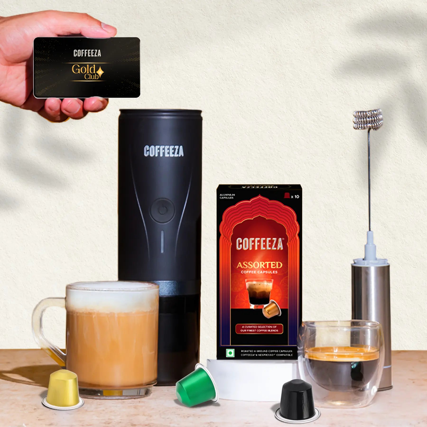 Finero Mini Portable Espresso Machine + Handheld Milk Frother  + 10 FREE Coffee Pods + 1 Year Membership Benefits
