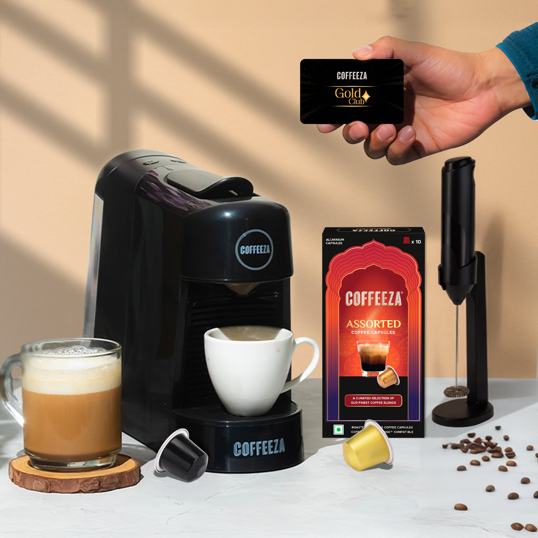 Finero Next Coffee Machine + Battery Operated Handheld Milk Frother with Stand + 10 FREE Coffee Pods + 1 Year Membership Benefits