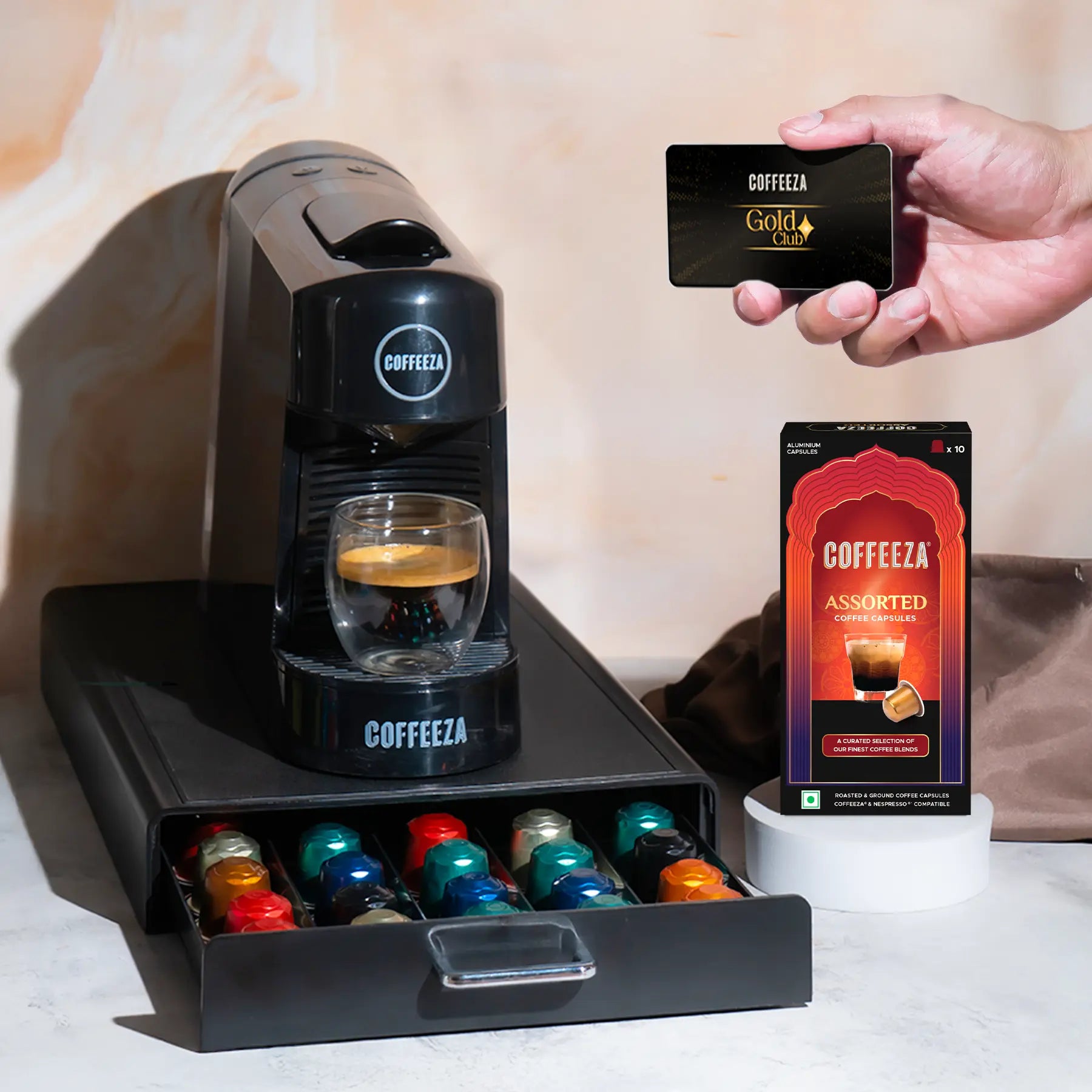 Finero Next Coffee Machine + Capsule Storage Drawer - Sliding Tray  + 10 FREE Coffee Pods + 1 Year Membership Benefits