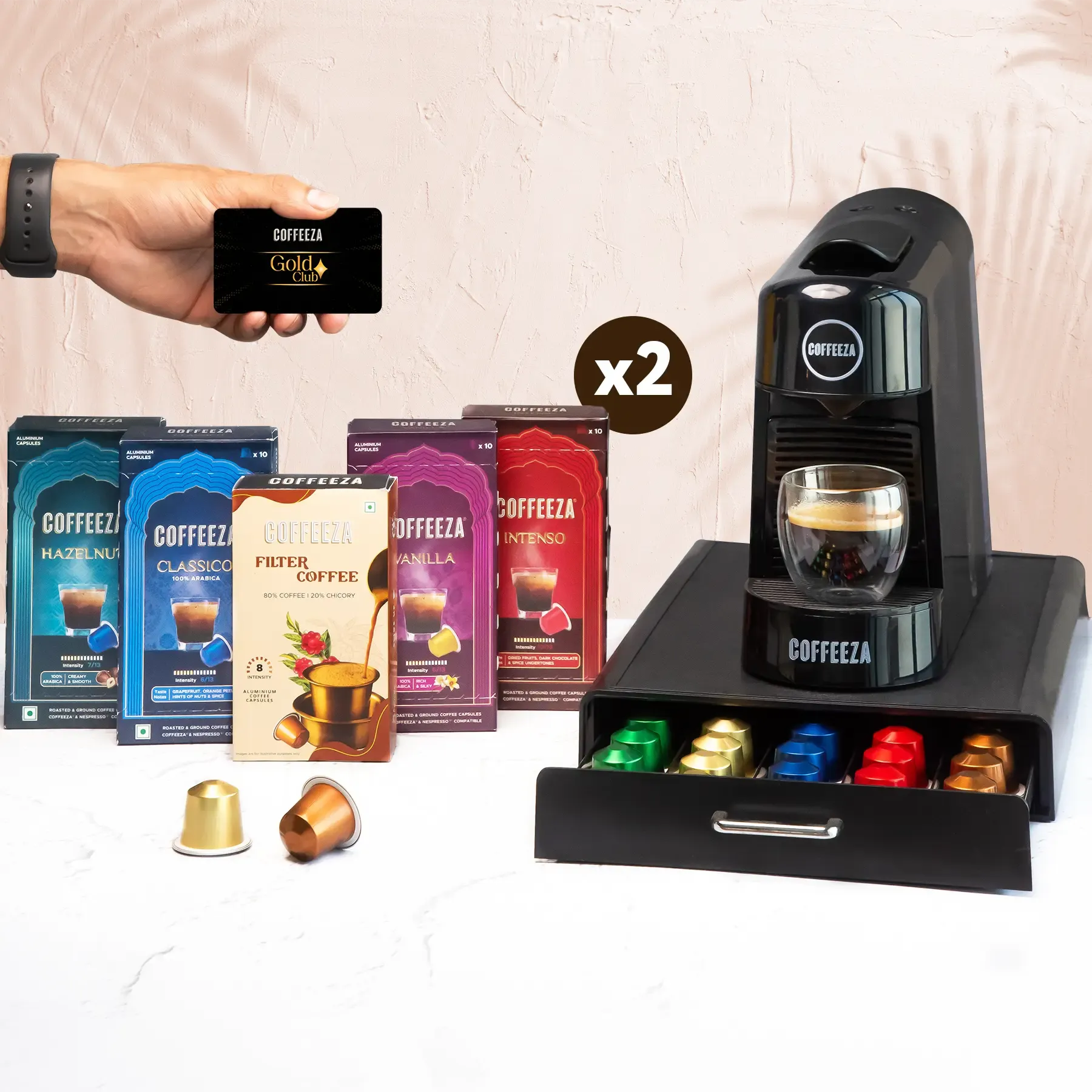 Finero Next Coffee Machine + Capsule Storage Drawer - Sliding Tray  + 100 FREE Coffee Pods + 1 Year Membership Benefits