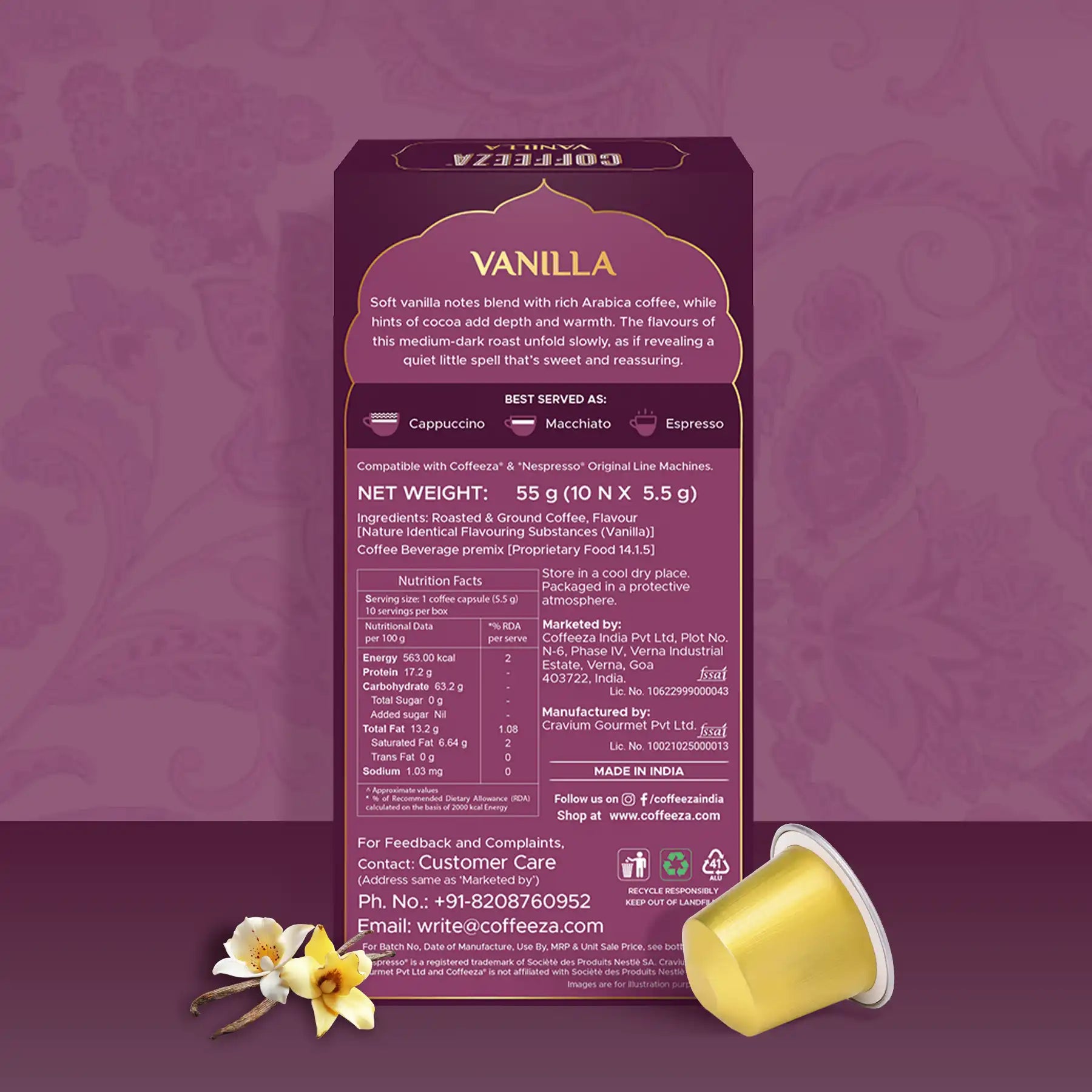 Vanilla 100% Arabica Flavoured Aluminium Coffee Capsules