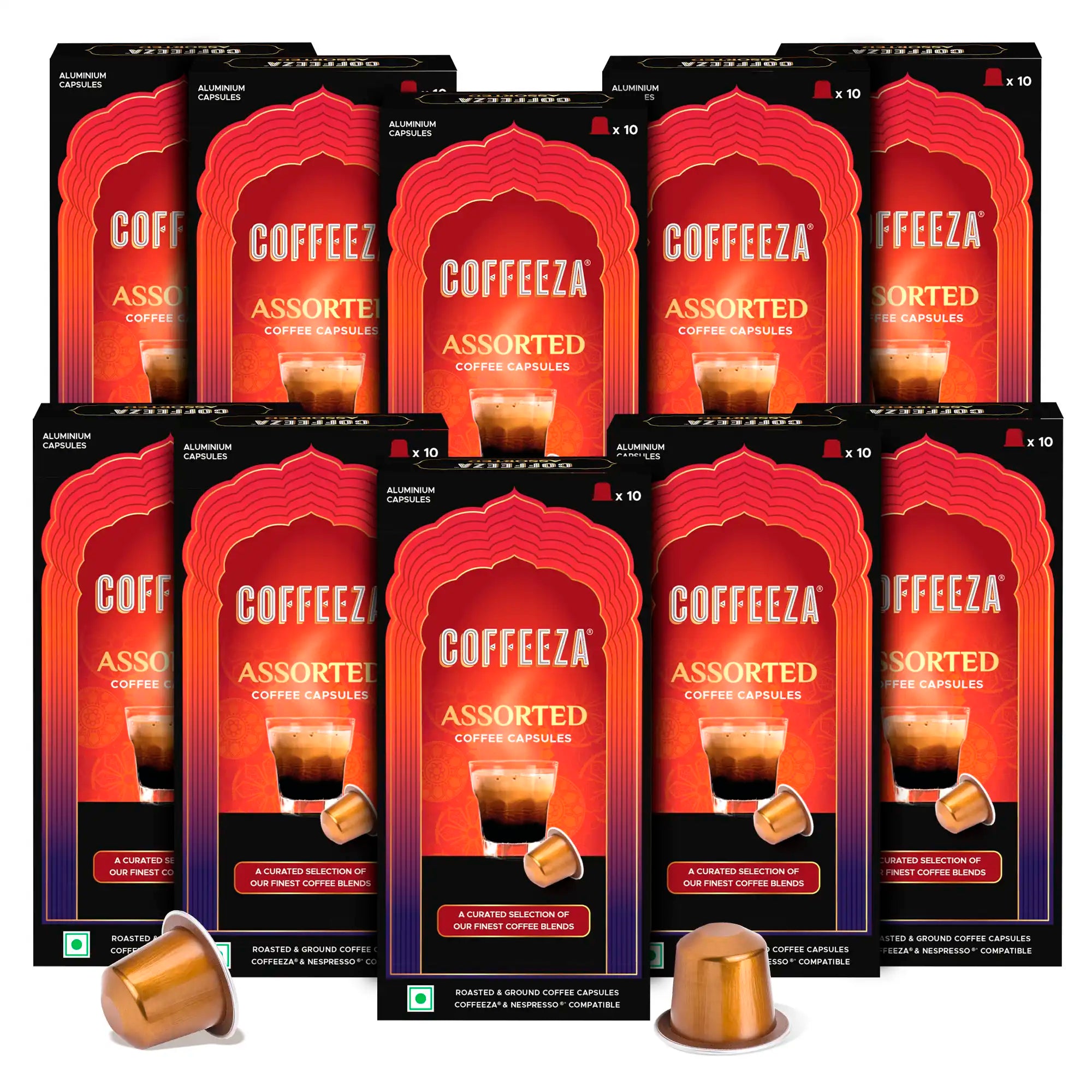 Coffeeza Assorted Box of 10 Coffee Capsules – Classico, Intenso, Cremoso, Forte, and Mysore Nuggets