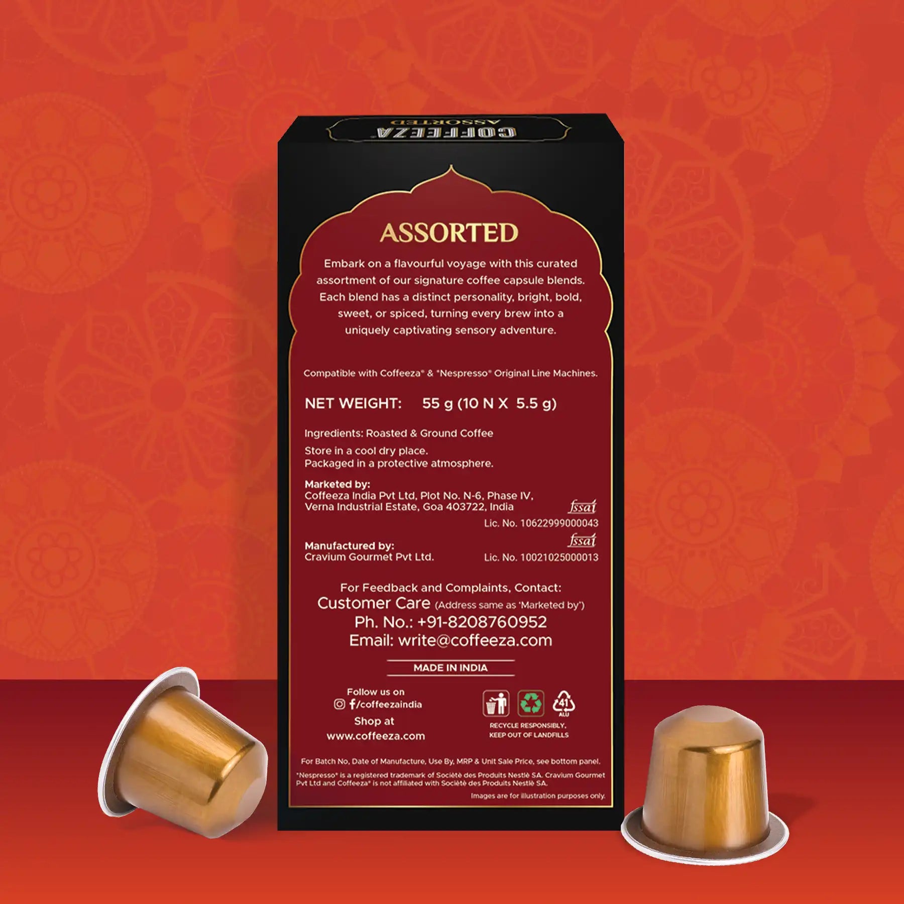 Coffeeza Assorted Box of 10 Coffee Capsules – Classico, Intenso, Cremoso, Forte, and Mysore Nuggets