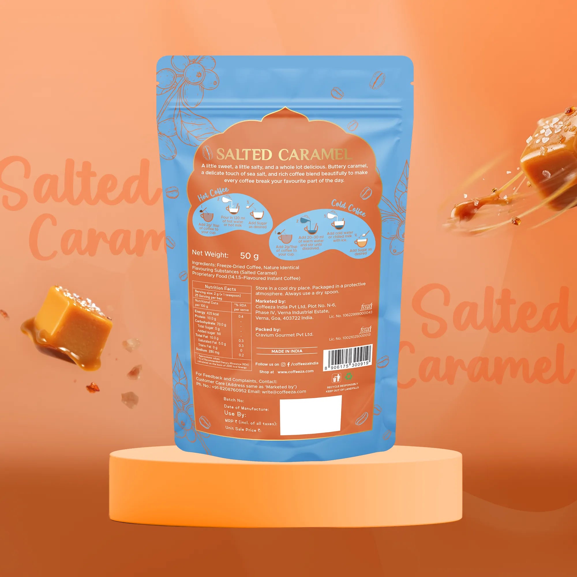 Coffeeza Salted Caramel Freeze-Dried Premium Instant Coffee I Sweet & Buttery I 50gms