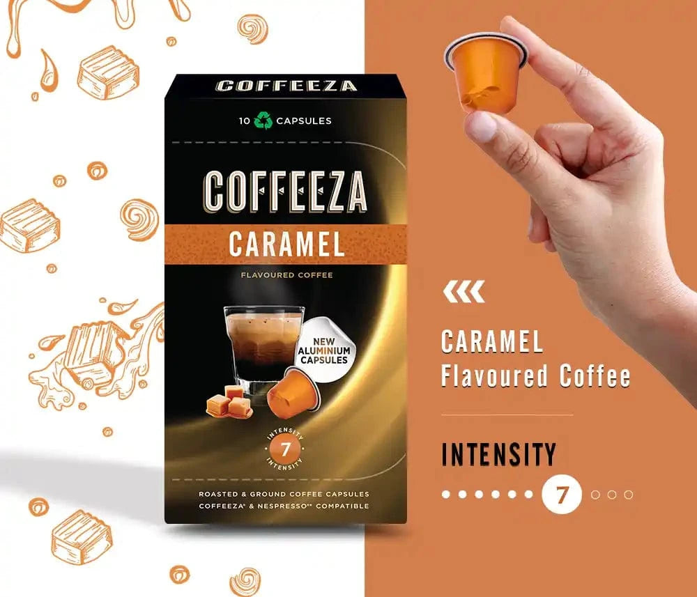 Coffeeza Caramel 100% Arabica Flavoured Aluminium Coffee Capsules nespresso compatible