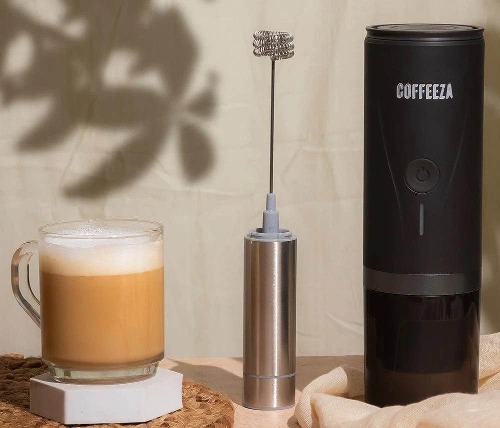 Coffeeza Finero Mini Portable Espresso Machine + Handheld Milk Frother  + 10 FREE Coffee Pods + 1 Year Membership Benefits nespresso compatible BUNDL-FIN3-BK-VER1-09