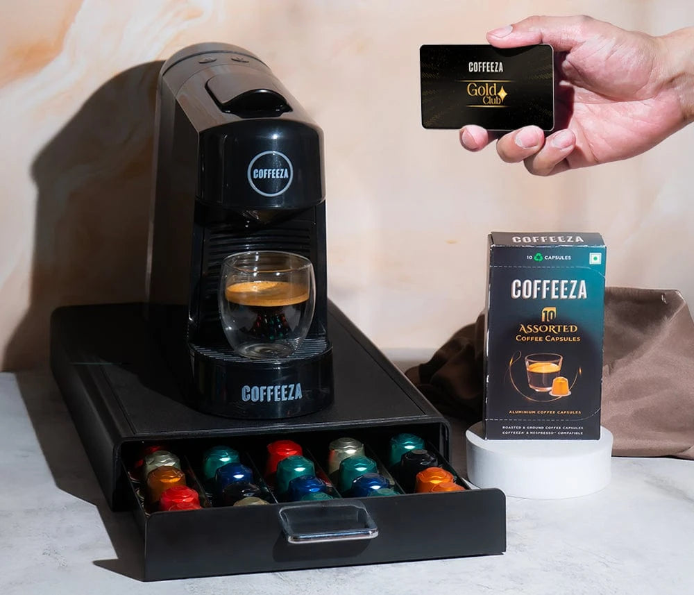 Coffeeza Finero Next Coffee Machine + Capsule Storage Drawer - Sliding Tray  + 10 FREE Coffee Pods + 1 Year Membership Benefits nespresso compatible BUNDL-FIN2-BK-VER1-09