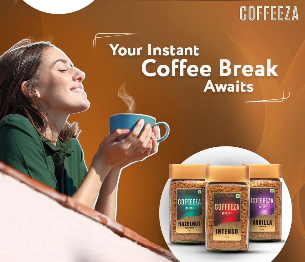 Coffeeza Hazelnut Flavoured Instant Coffee | Freeze-Dried 100gms | Warm & Nutty - Premium Coffee nespresso compatible