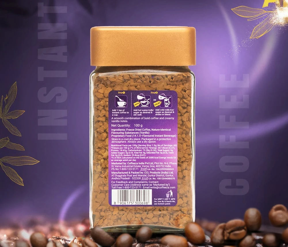 Coffeeza Vanilla Flavoured Instant Coffee | Freeze-Dried 100gms | Rich & Creamy - Premium Coffee nespresso compatible