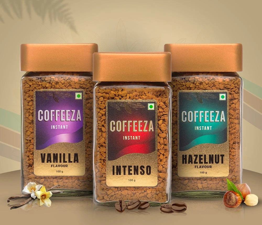 Coffeeza Vanilla | Intenso| Hazelnut Flavoured Instant Coffee | Freeze-Dried 100gms X 3 Bottles nespresso compatible BUNS-ICS-FRD-VAN1INT1HAZ1-VER01