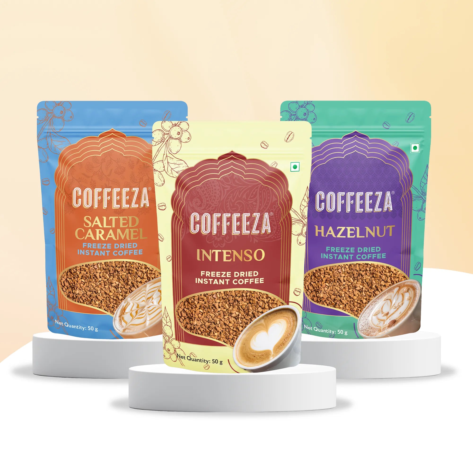 Coffeeza Premium Freeze-Dried Instant Coffee – Pack of 3 | Intenso, Hazelnut & Salted Caramel | 50g Each