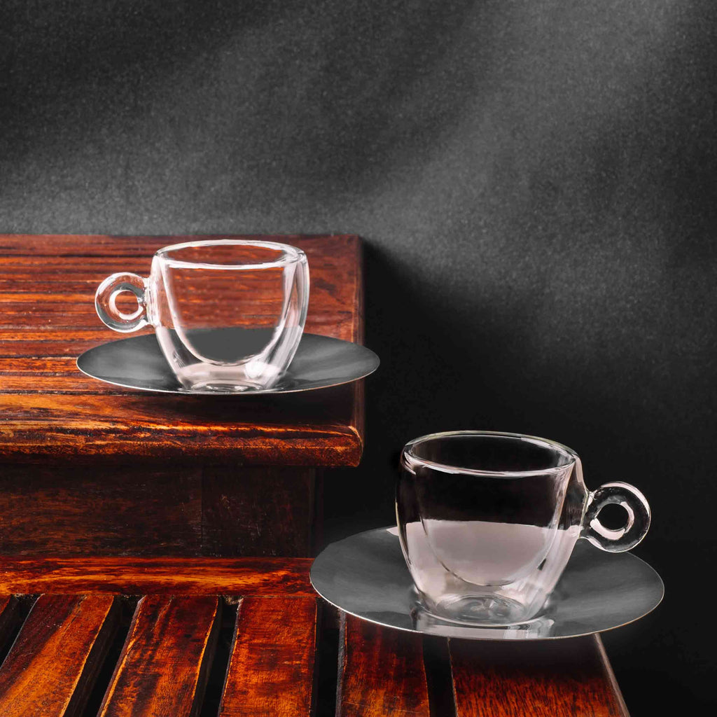 Espresso Coffee Cup & Saucer Set of 2, Thermic Glass, Made in Italy.