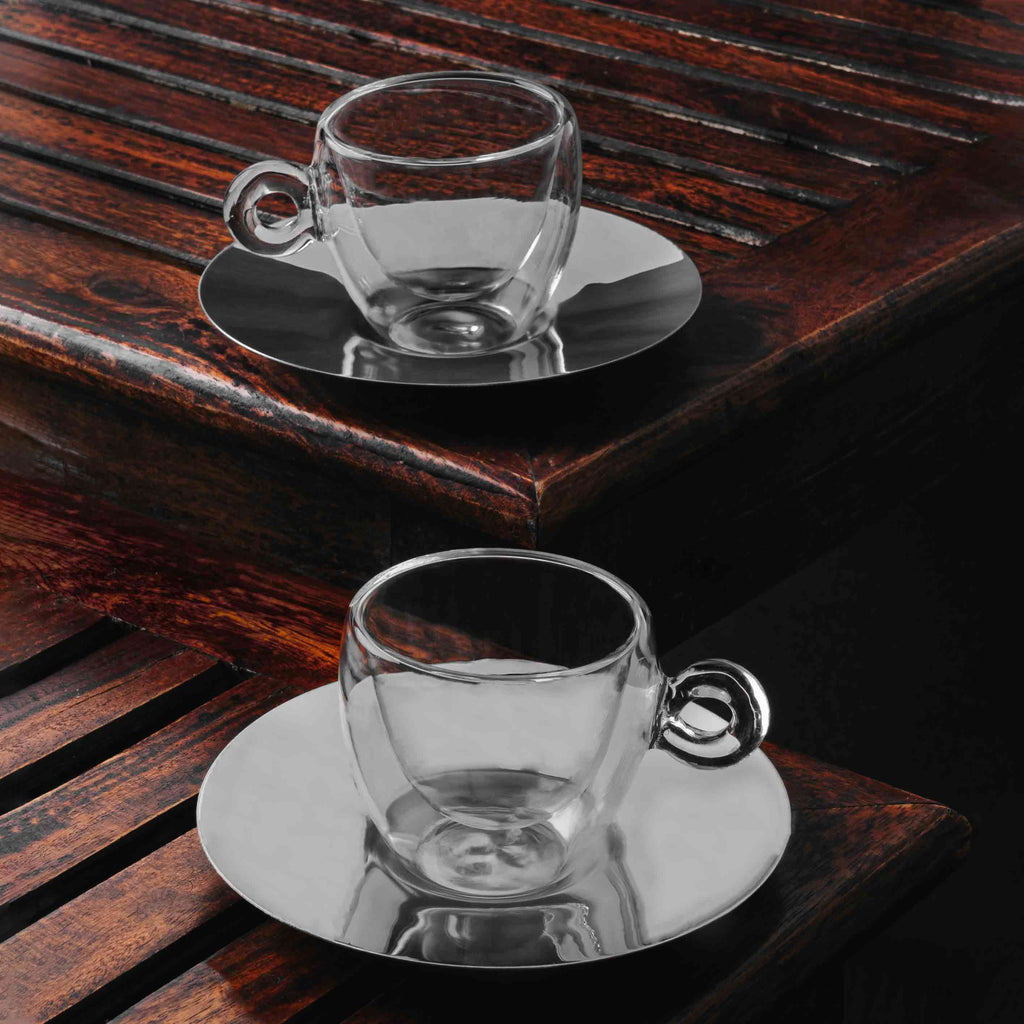 Espresso Coffee Cup & Saucer Set of 2, Thermic Glass, Made in Italy.